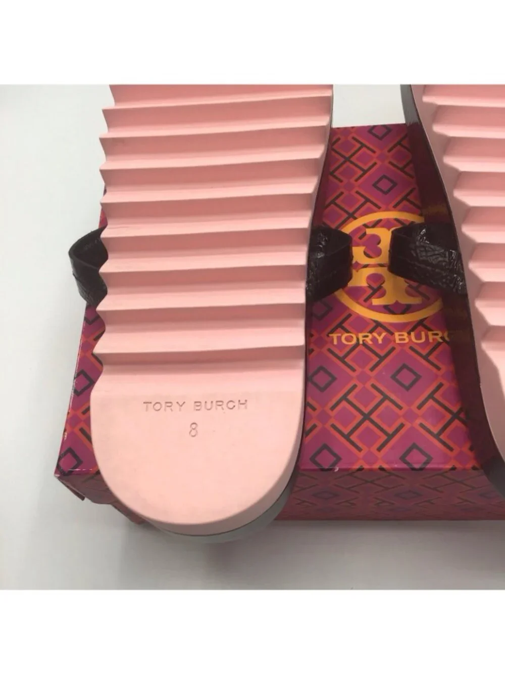 Tory Burch Miller Cloud Lug Black Pink Patent Leather Petunia Sandals Sz 8